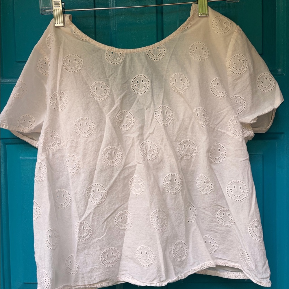 White Eyelet Smiley Embroidered Cotton Top